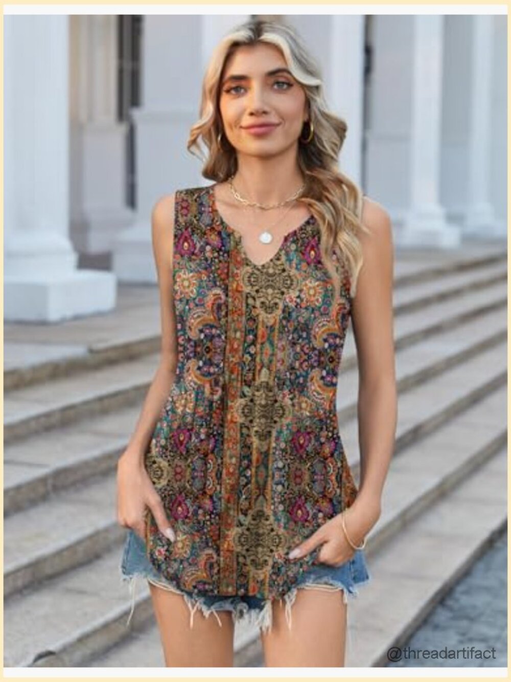 Sleeveless Tank Top Flowy Peplum V Neck Boho Beach Summer Blouse - Picture 5 of 7